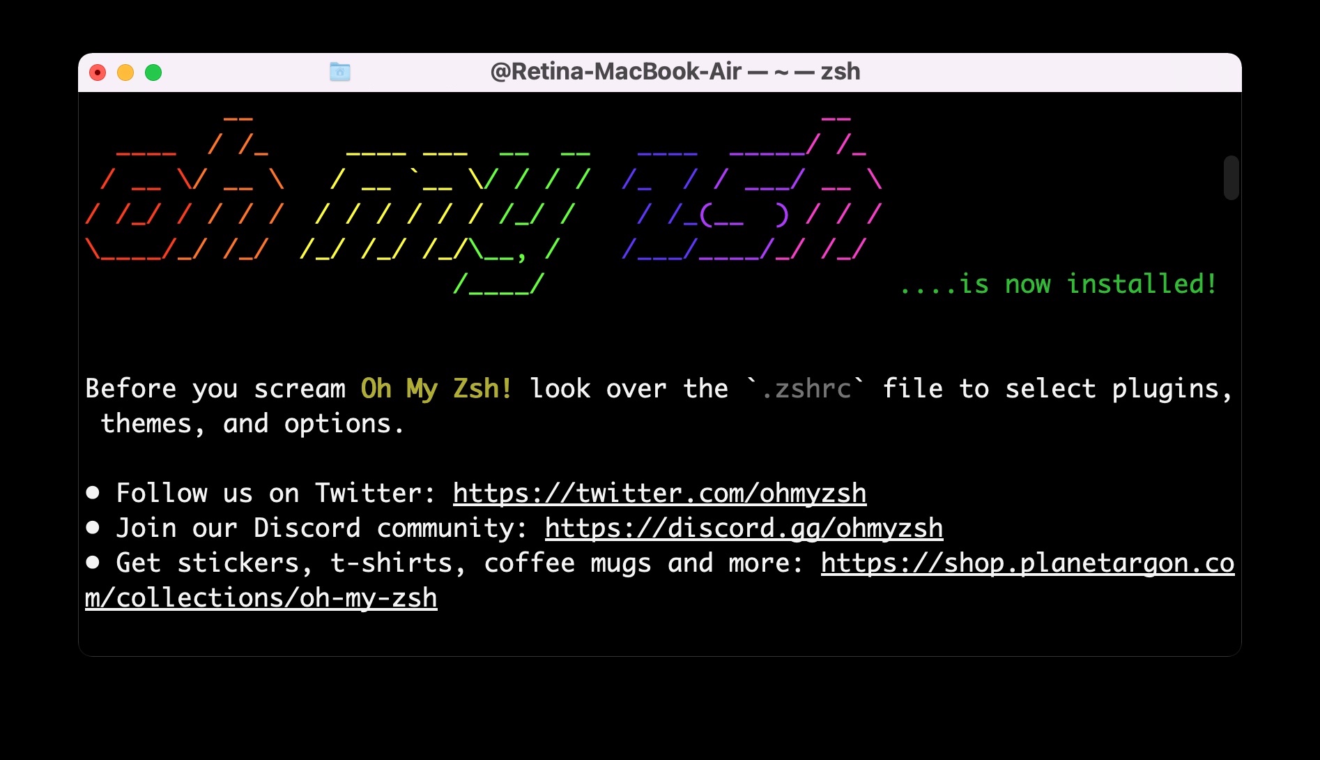 image showing a terminal window with the welcome banner for oh-my-zsh after it is installed